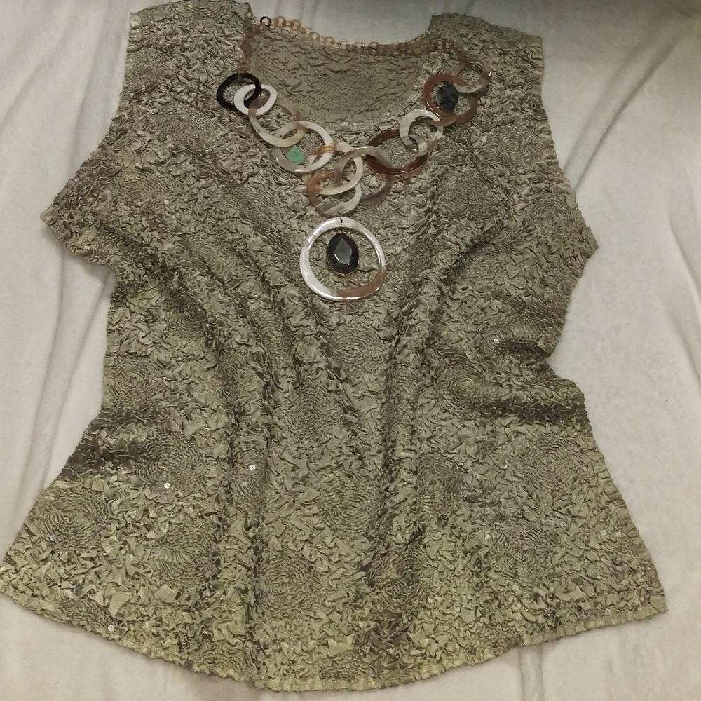 Crinkled Rose Designed Green Sequin Top